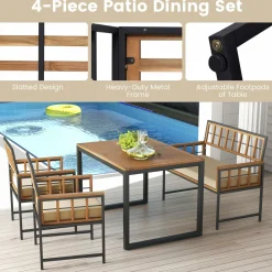 Tangkula 4 Piece Patio Dining Set, Outdoor Wood Dining Furniture W/ 2 Chairs & 1 Loveseat, 47” Acacia Wood Table W/Umbrella Hole