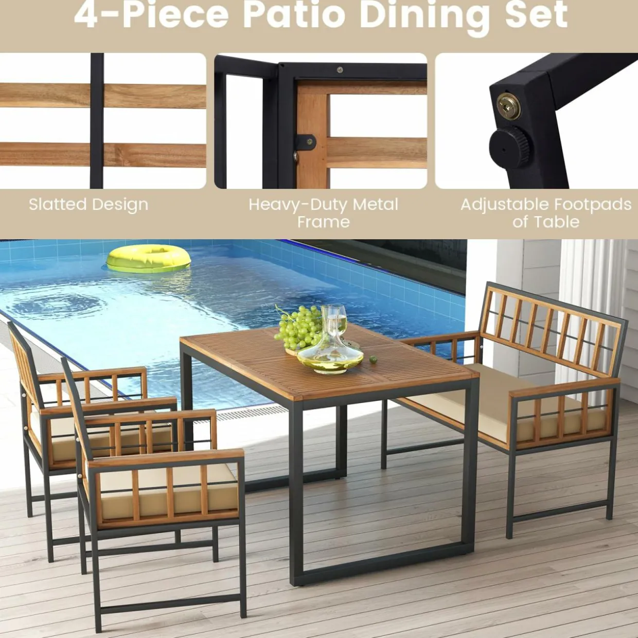 Tangkula 4 Piece Patio Dining Set, Outdoor Wood Dining Furniture W/ 2 Chairs & 1 Loveseat, 47” Acacia Wood Table W/Umbrella Hole
