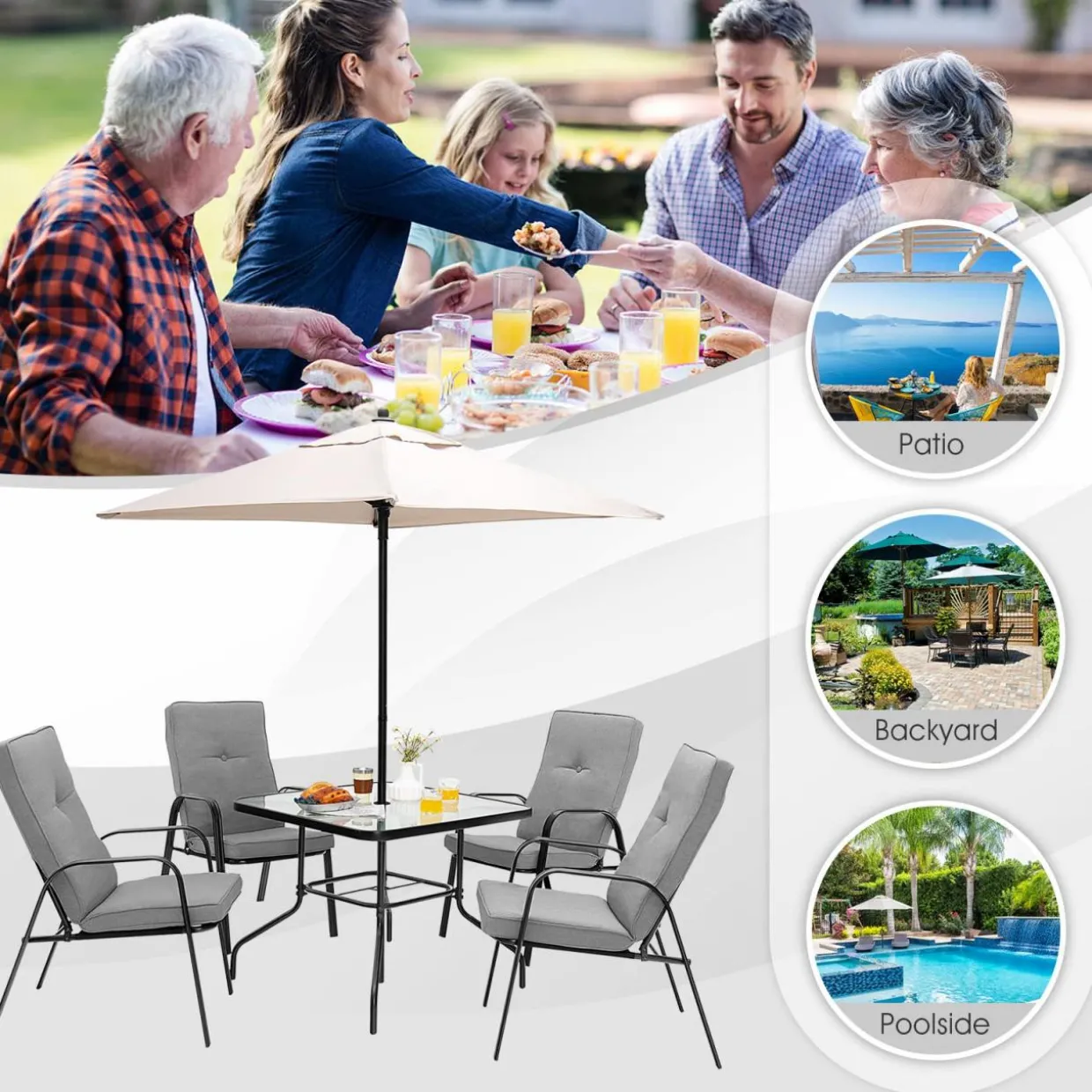 Tangkula 5 Piece Patio Dining Set, Outdoor 35 Inches Square Tempered Glass Table