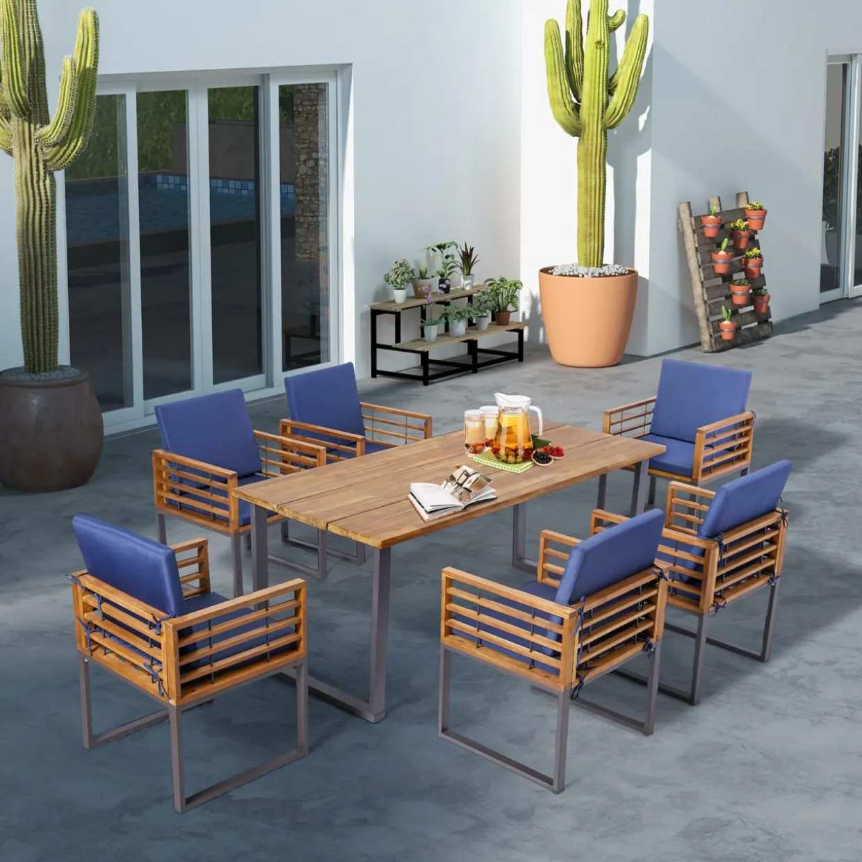 Tangkula 7 Piece Patio Dining Set, Acacia Wood Dining Chair & Table Set