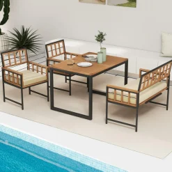 Tangkula 4 Piece Patio Dining Set, Outdoor Wood Dining Furniture W/ 2 Chairs & 1 Loveseat, 47” Acacia Wood Table W/Umbrella Hole