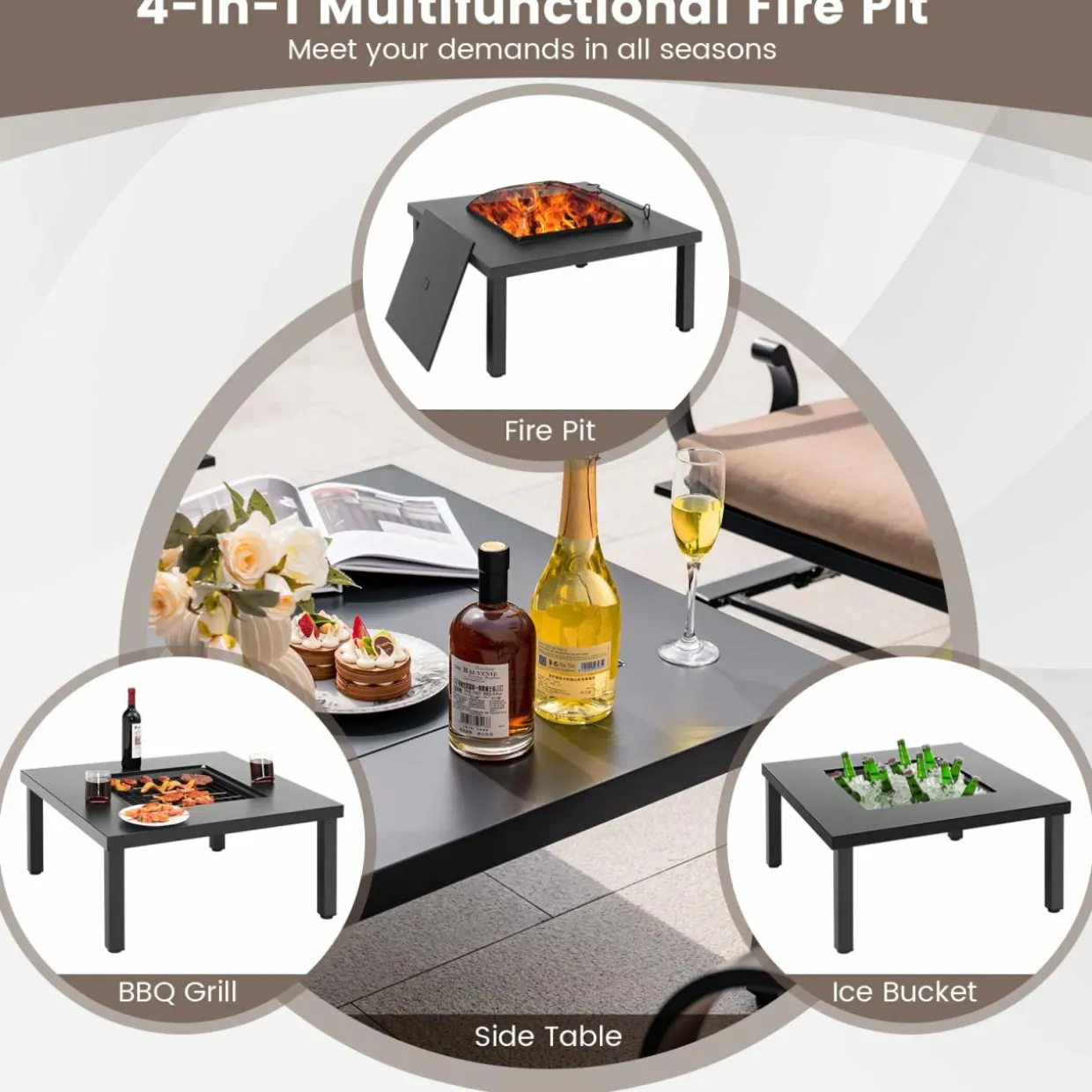 Tangkula 5 Piece Patio Dining Set, Heavy-Duty Rocking Chairs with 4-in-1 Fire Pit Table