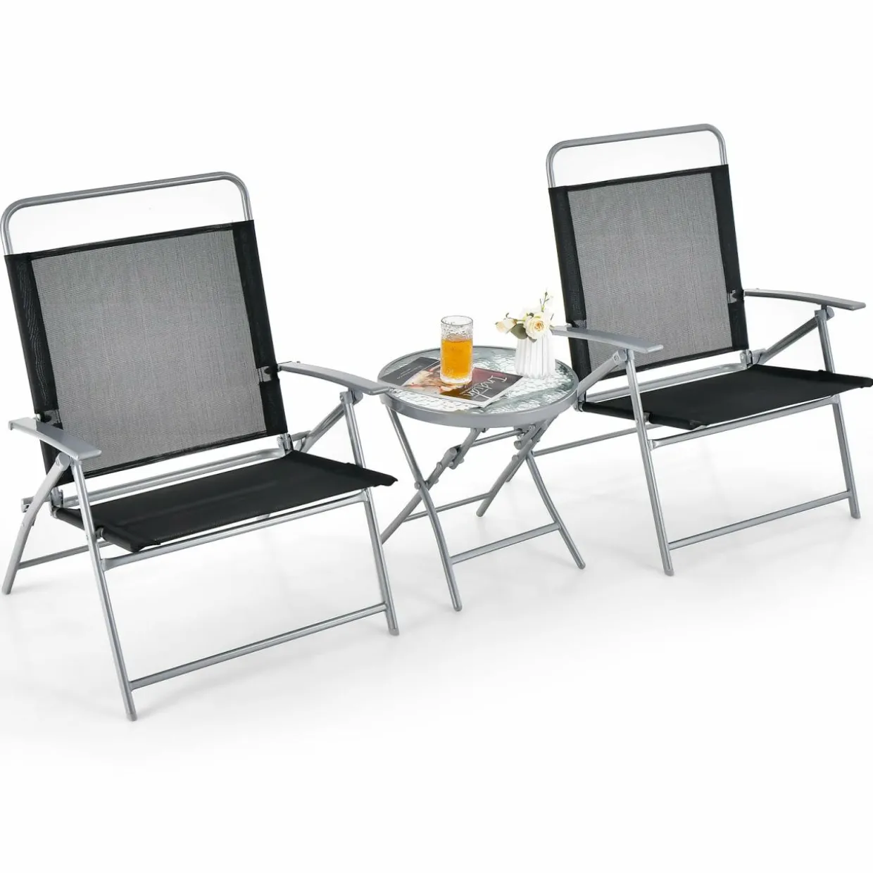 Tangkula 3 Piece Patio Folding Chair Set, Outdoor Metal Conversation Set