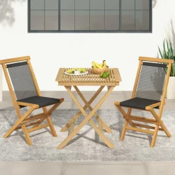 Tangkula 2 Piece Patio Folding Chairs, Solid Teak Wood Dining Chairs with Woven Rope Seat & Back