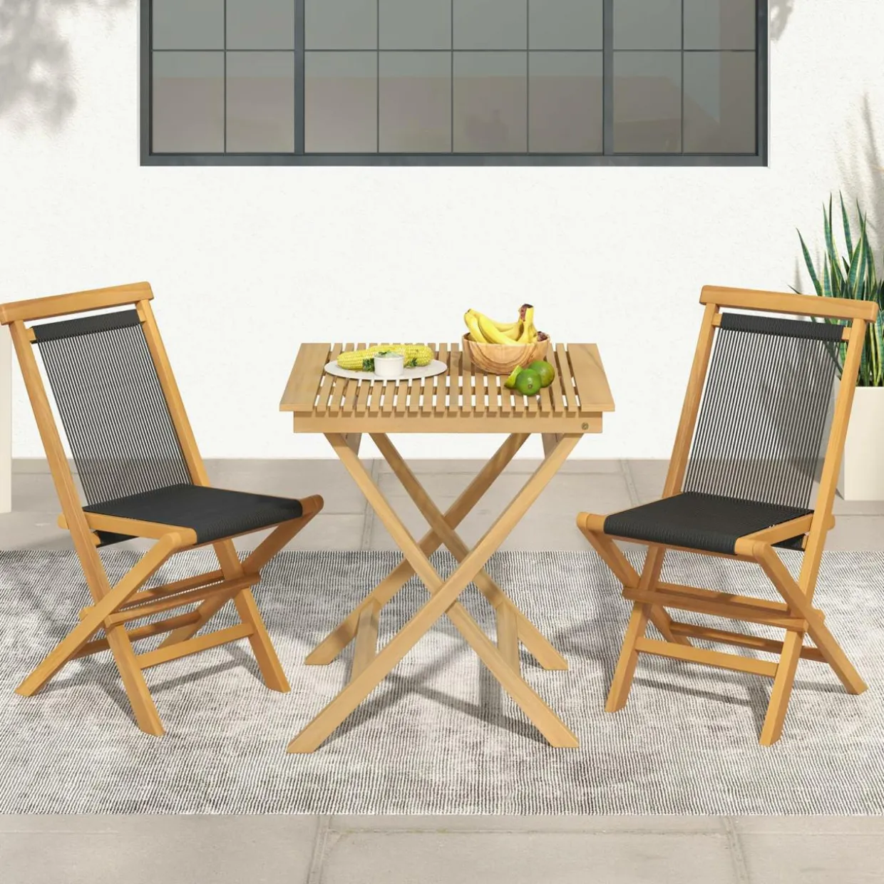 Tangkula 2 Piece Patio Folding Chairs, Solid Teak Wood Dining Chairs with Woven Rope Seat & Back