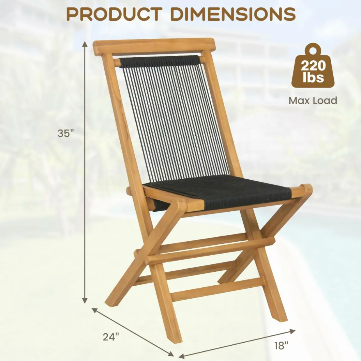 Tangkula 2 Piece Patio Folding Chairs, Solid Teak Wood Dining Chairs with Woven Rope Seat & Back