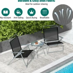 Tangkula 3 Piece Patio Folding Chair Set, Outdoor Metal Conversation Set