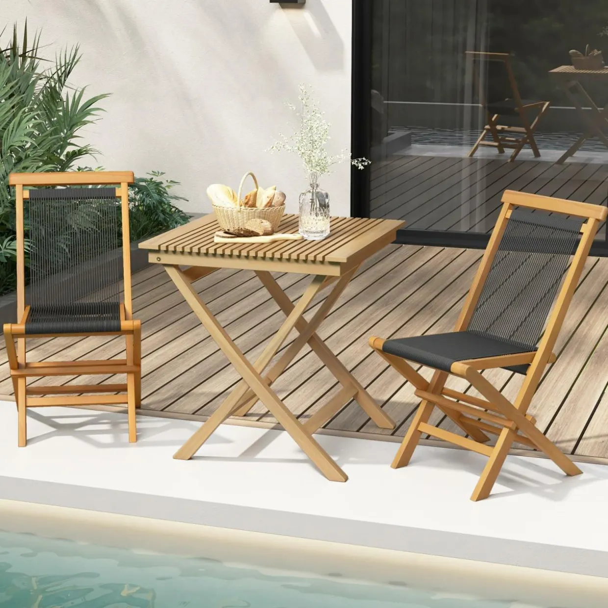 Tangkula 2 Piece Patio Folding Chairs, Solid Teak Wood Dining Chairs with Woven Rope Seat & Back