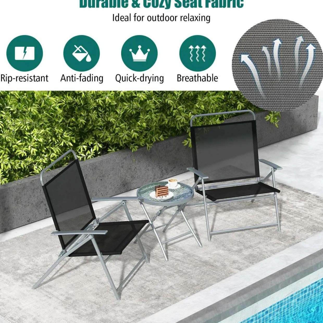 Tangkula 3 Piece Patio Folding Chair Set, Outdoor Metal Conversation Set