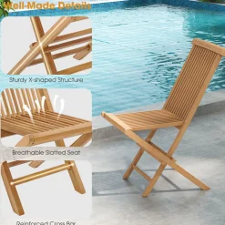 Tangkula 2 Piece Patio Folding Chair, Sturdy Teak High-Back Chair with Slatted Design