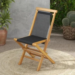Tangkula 2 Piece Patio Folding Chairs, Solid Teak Wood Dining Chairs with Woven Rope Seat & Back