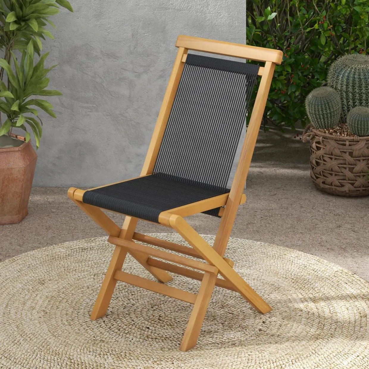 Tangkula 2 Piece Patio Folding Chairs, Solid Teak Wood Dining Chairs with Woven Rope Seat & Back