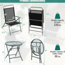 Tangkula 3 Piece Patio Folding Chair Set, Outdoor Metal Conversation Set
