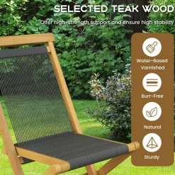 Tangkula 2 Piece Patio Folding Chairs, Solid Teak Wood Dining Chairs with Woven Rope Seat & Back