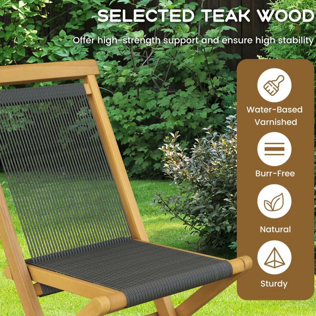 Tangkula 2 Piece Patio Folding Chairs, Solid Teak Wood Dining Chairs with Woven Rope Seat & Back