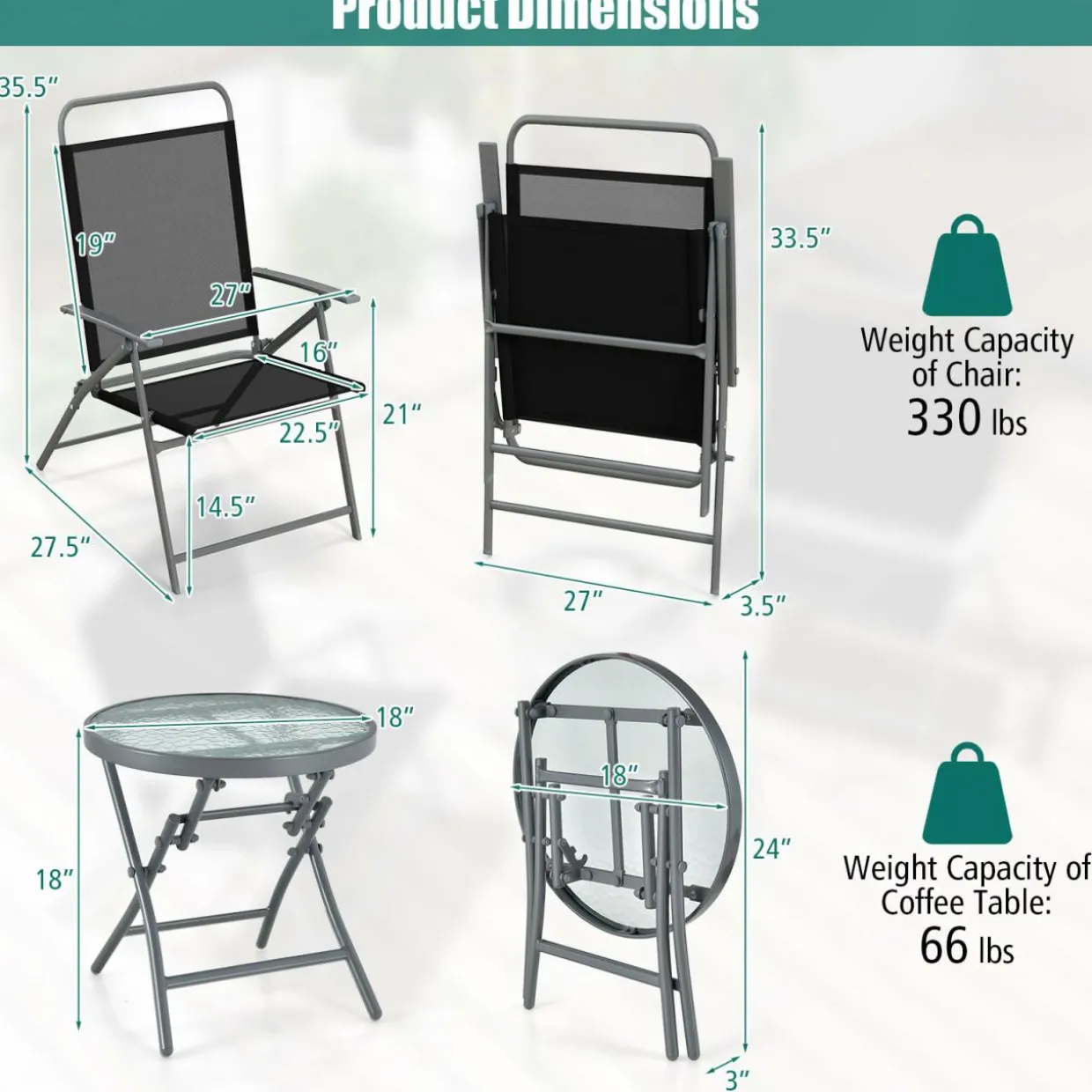 Tangkula 3 Piece Patio Folding Chair Set, Outdoor Metal Conversation Set