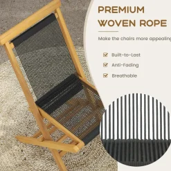 Tangkula 2 Piece Patio Folding Chairs, Solid Teak Wood Dining Chairs with Woven Rope Seat & Back