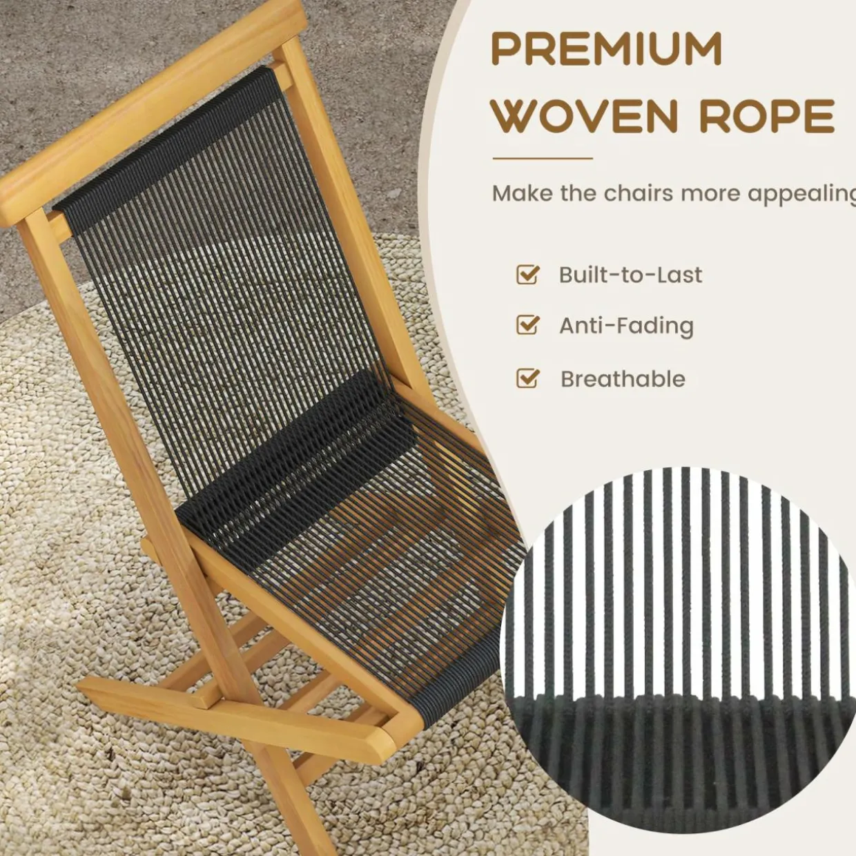 Tangkula 2 Piece Patio Folding Chairs, Solid Teak Wood Dining Chairs with Woven Rope Seat & Back
