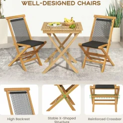 Tangkula 2 Piece Patio Folding Chairs, Solid Teak Wood Dining Chairs with Woven Rope Seat & Back