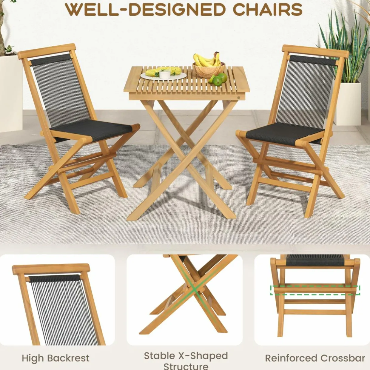 Tangkula 2 Piece Patio Folding Chairs, Solid Teak Wood Dining Chairs with Woven Rope Seat & Back