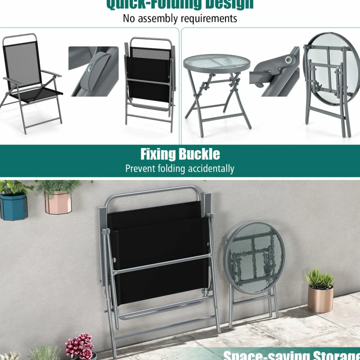 Tangkula 3 Piece Patio Folding Chair Set, Outdoor Metal Conversation Set
