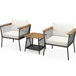 Tangkula 3 Piece Patio Furniture Set, Rattan Chair Set w/ 2-Tier Coffee Table, Acacia Wood Armrests & Tabletop, Soft Seat & Back Cushions