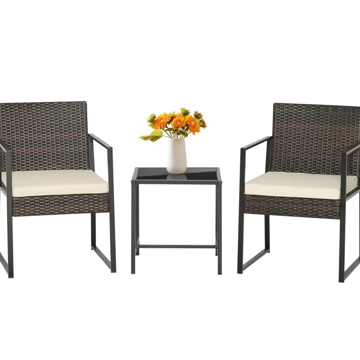 Tangkula 3 Piece Patio Furniture Set, Modern Heavy Duty All Weather Cushioned Wicker Chairs and Coffee Table Set
