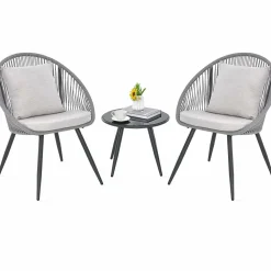 Tangkula 3 Piece Patio Furniture Set, Balcony Chair Set with Seat & Back Cushions, Tempered Glass Tabletop (Gray)