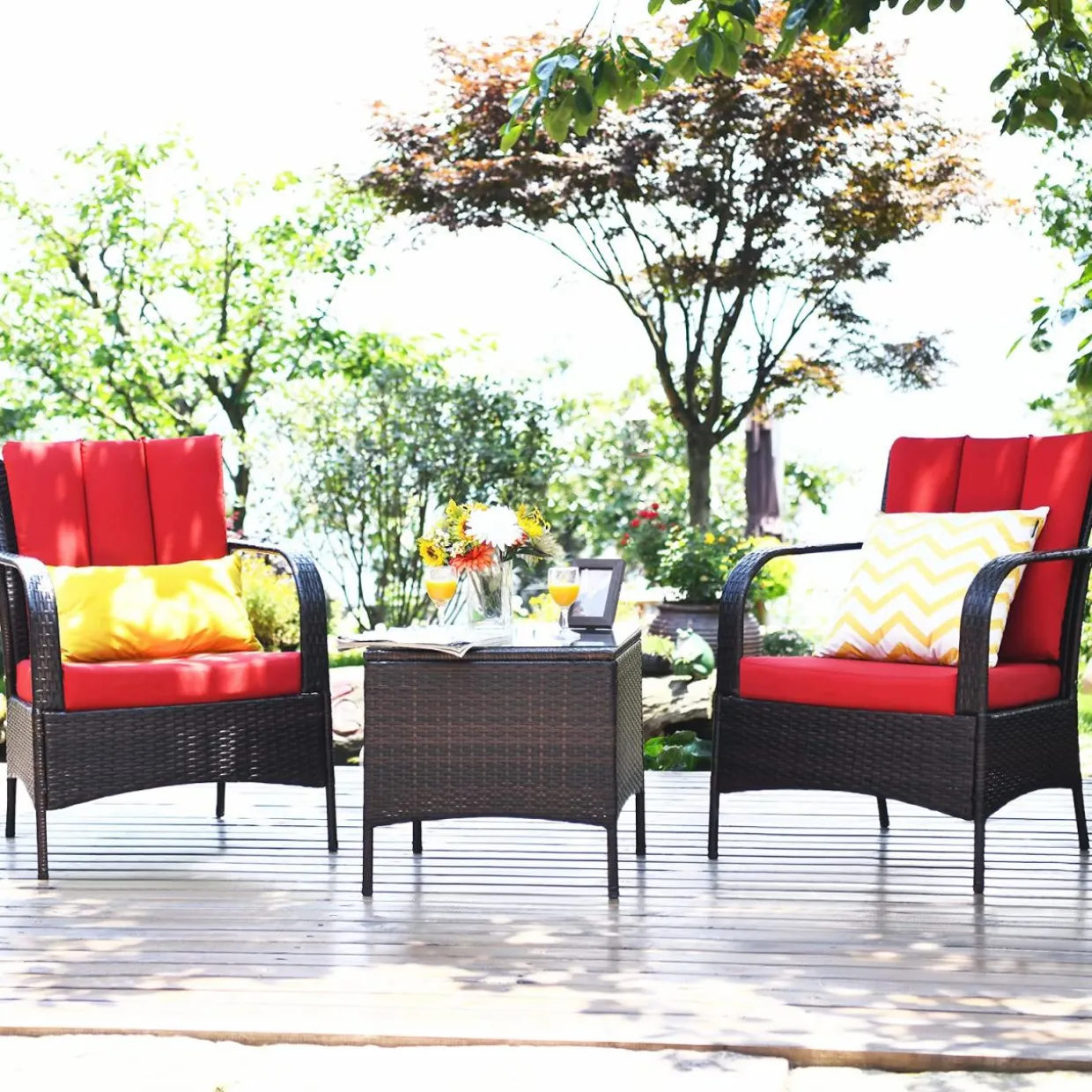 Tangkula 3 Piece Patio Furniture Set, 2 Wicker Chairs with Glass Top Coffee Table