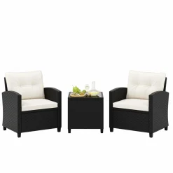 Tangkula 3 Piece Patio Furniture Set, Rattan Conversation Set w/Soft Seat & Back Cushions