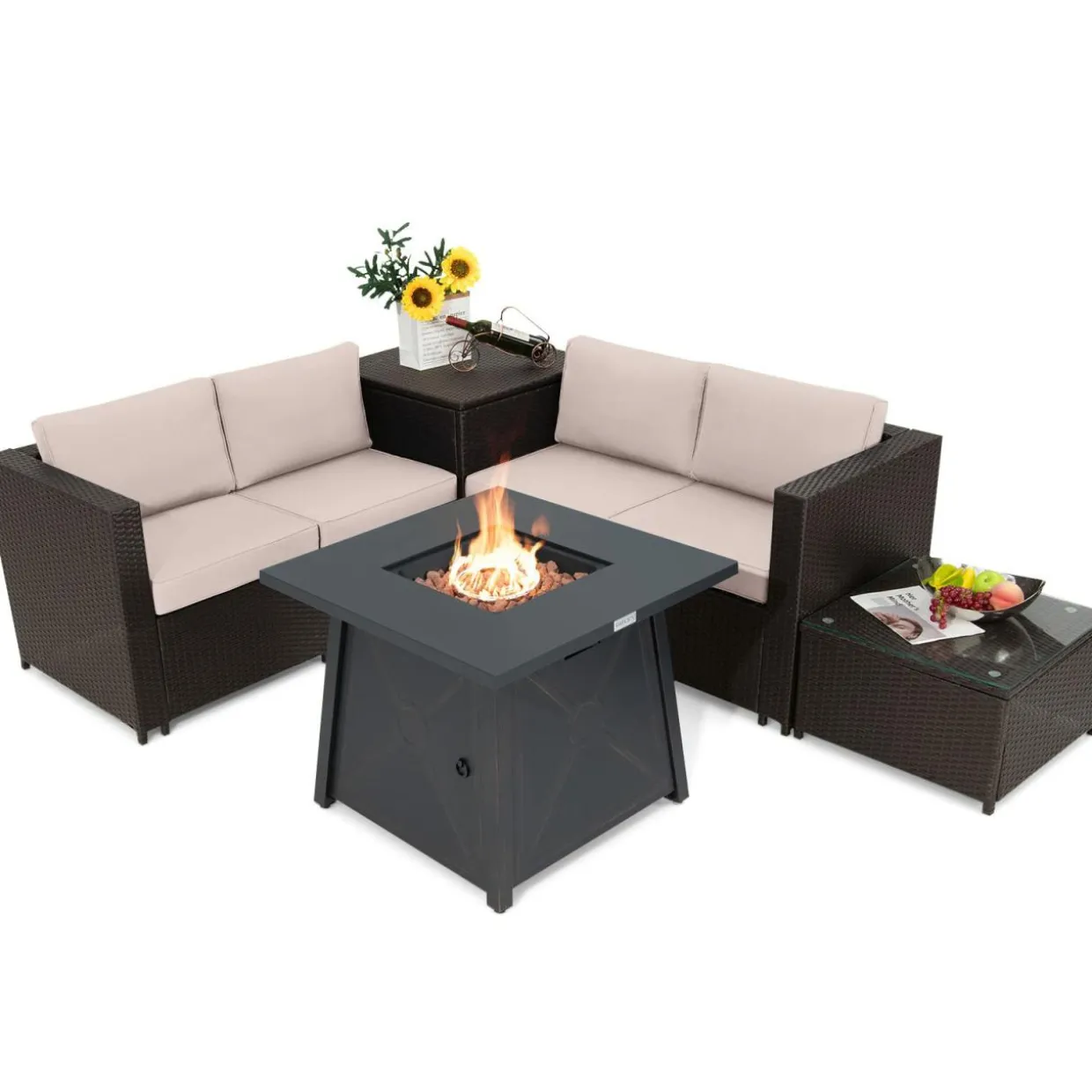Tangkula 5 Piece Patio Furniture Set with 50,000 BTU Propane Fire Pit Table, Outdoor Wicker Conversation Set