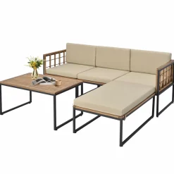 Tangkula 5 Piece Patio Furniture Set, Acacia Wood Sectional Set with Heavy-Duty Metal Frame, Comfy Seat & Back Cushions