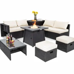 Tangkula 9 Piece Patio Furniture Set w/30 Inches Propane Fire Pit Table, 50,000 BTU Heat Output