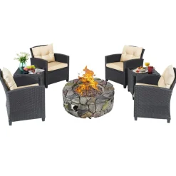 Tangkula 7 Piece Patio Furniture Set with 40,000BTU Propane Fire Pit Table (Brown)