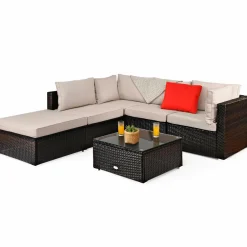 Tangkula 6 Piece Patio Furniture Set,Durable Steel Frame PE Rattan Wicker Sectional Sofa Set