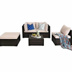 Tangkula 5 Piece Patio Furniture Set, Outdoor Sectional Rattan Sofa Set with Cushions and Coffee Table