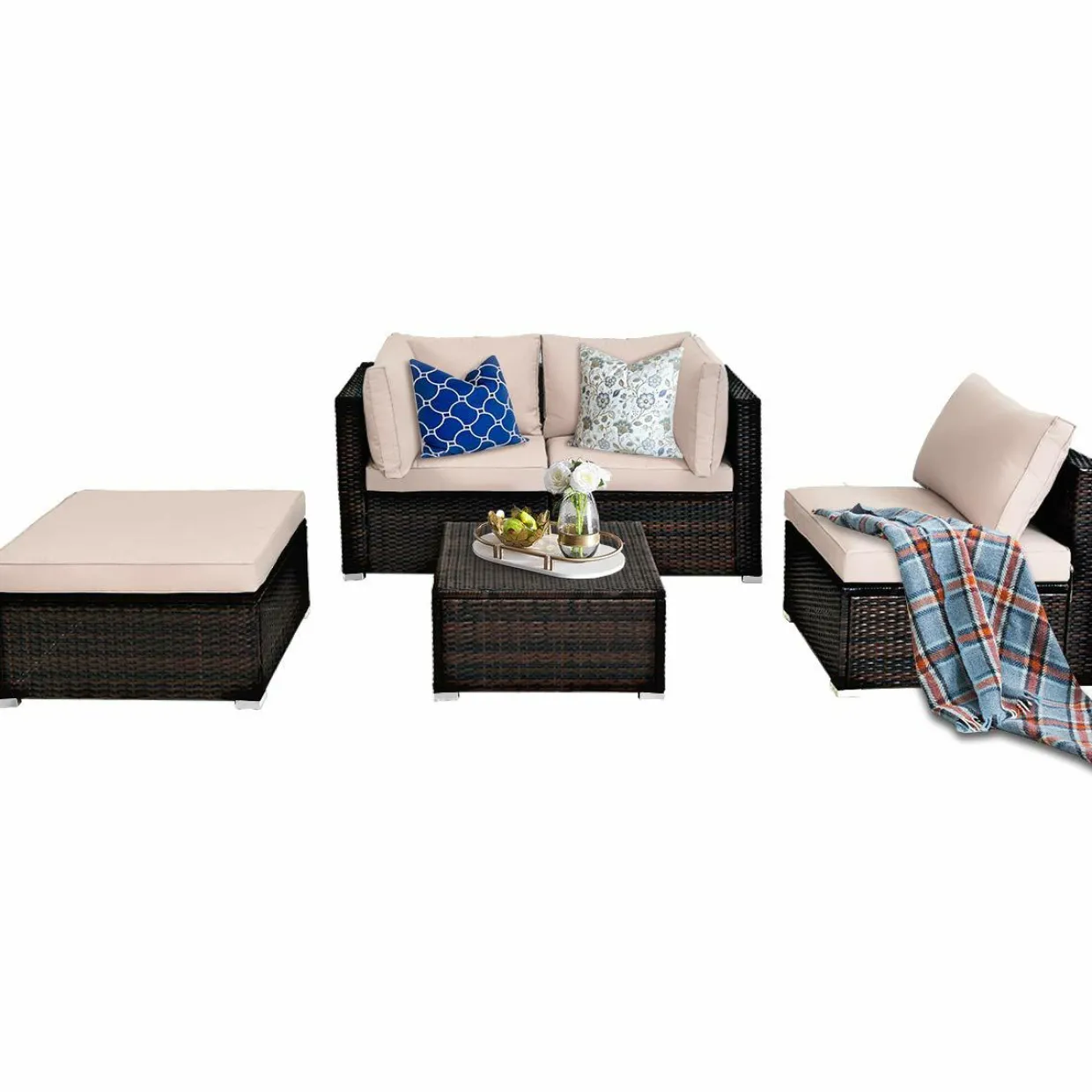 Tangkula 5 Piece Patio Furniture Set, Outdoor Sectional Rattan Sofa Set with Cushions and Coffee Table