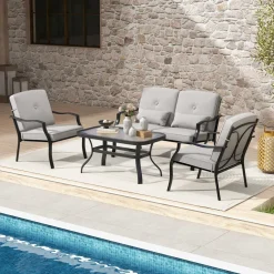 Tangkula 4 Piece Patio Furniture Set, Heavy Duty Outdoor Conversation Set with Soft Padded Cushions & Waist Pillows