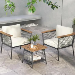 Tangkula 3 Piece Patio Furniture Set, Rattan Chair Set w/ 2-Tier Coffee Table, Acacia Wood Armrests & Tabletop, Soft Seat & Back Cushions