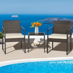 Tangkula 3 Piece Patio Furniture Set, Modern Heavy Duty All Weather Cushioned Wicker Chairs and Coffee Table Set