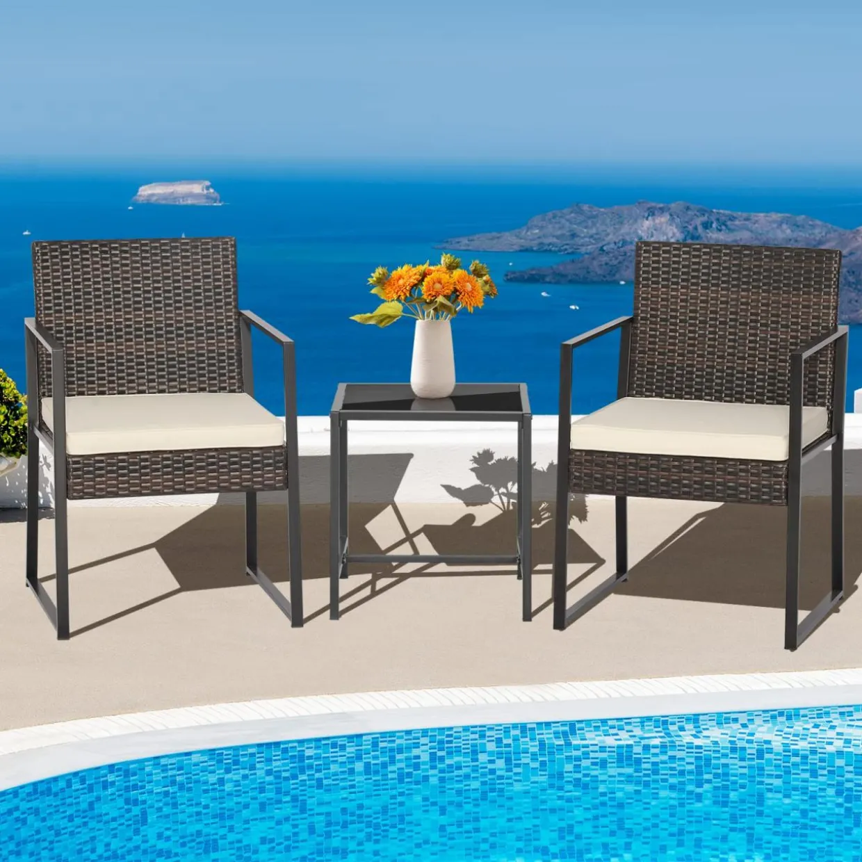 Tangkula 3 Piece Patio Furniture Set, Modern Heavy Duty All Weather Cushioned Wicker Chairs and Coffee Table Set