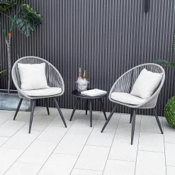 Tangkula 3 Piece Patio Furniture Set, Balcony Chair Set with Seat & Back Cushions, Tempered Glass Tabletop (Gray)