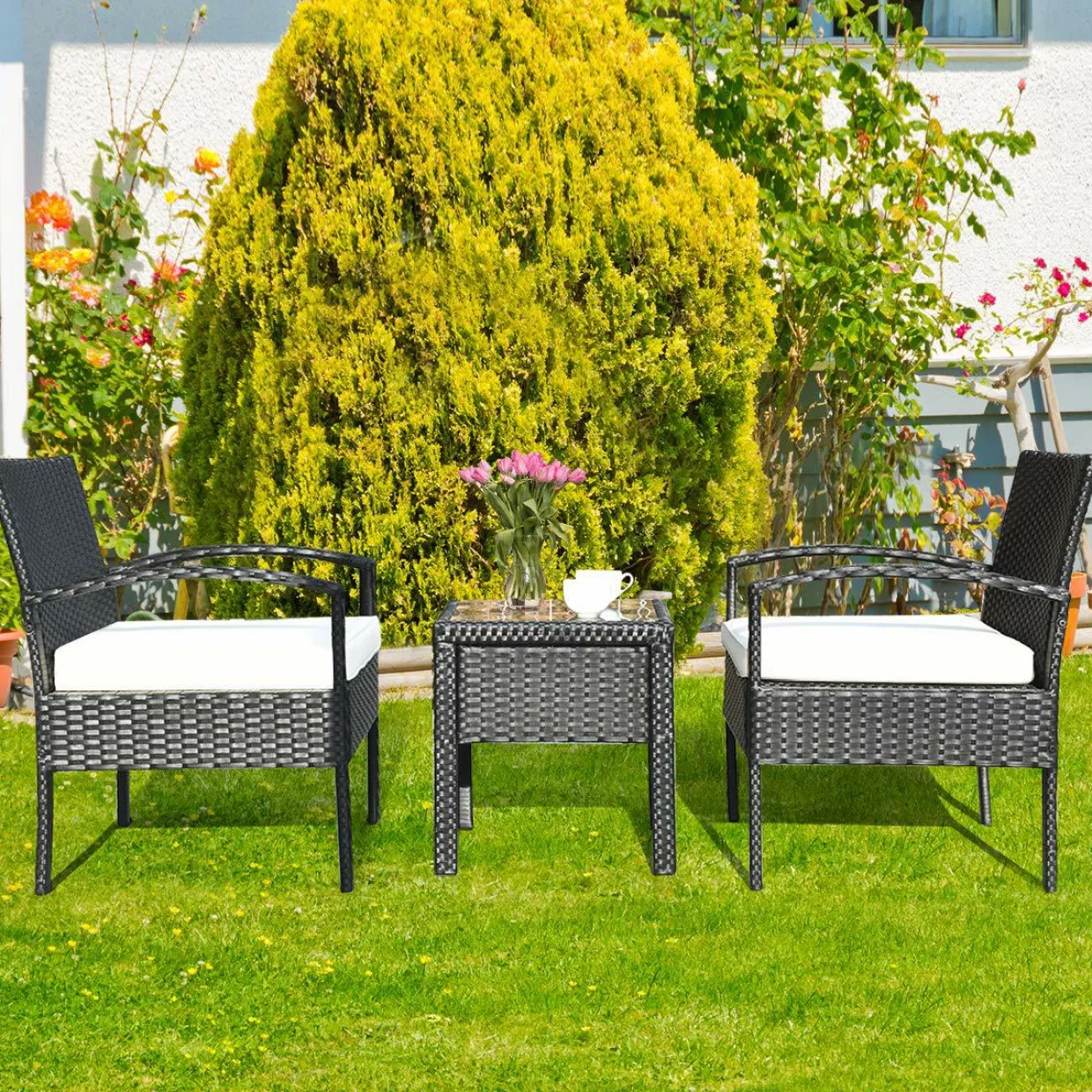 Tangkula 3 Piece Patio Furniture Set with 2 Cushioned Chairs & End Table, Black