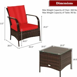 Tangkula 3 Piece Patio Furniture Set, 2 Wicker Chairs with Glass Top Coffee Table