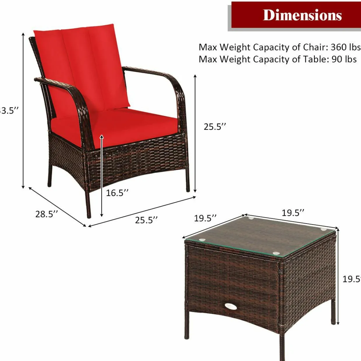 Tangkula 3 Piece Patio Furniture Set, 2 Wicker Chairs with Glass Top Coffee Table
