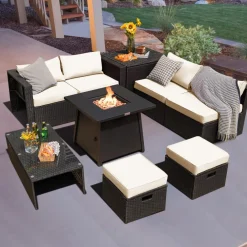 Tangkula 9 Piece Patio Furniture Set w/30 Inches Propane Fire Pit Table, 50,000 BTU Heat Output