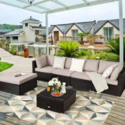 Tangkula 6 Piece Patio Furniture Set,Durable Steel Frame PE Rattan Wicker Sectional Sofa Set