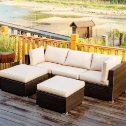 Tangkula 5 Piece Patio Furniture Set, Outdoor Sectional Rattan Sofa Set with Cushions and Coffee Table