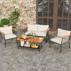 Tangkula 4 Piece Patio Furniture Set, Patiojoy Rattan Chair Set w/ 2-Tier Coffee Table