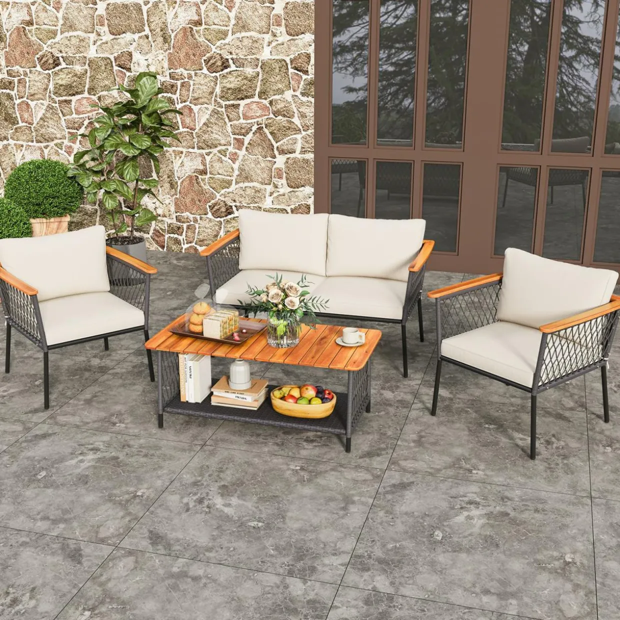 Tangkula 4 Piece Patio Furniture Set, Patiojoy Rattan Chair Set w/ 2-Tier Coffee Table